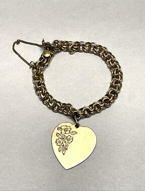 Vintage 1/20 12K Gold Filled Charm Bracelet Engraved Heart 1961 Double Link 7in